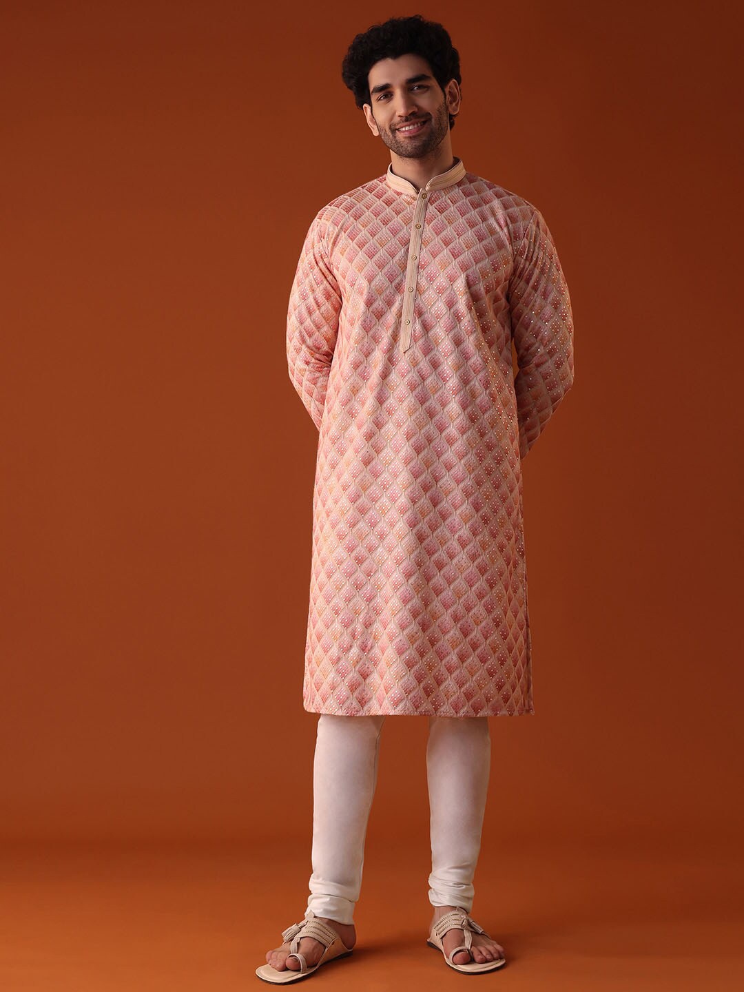 

KALKI Fashion Geometric Embroidered Sequinned Kurta With Churidar, Peach