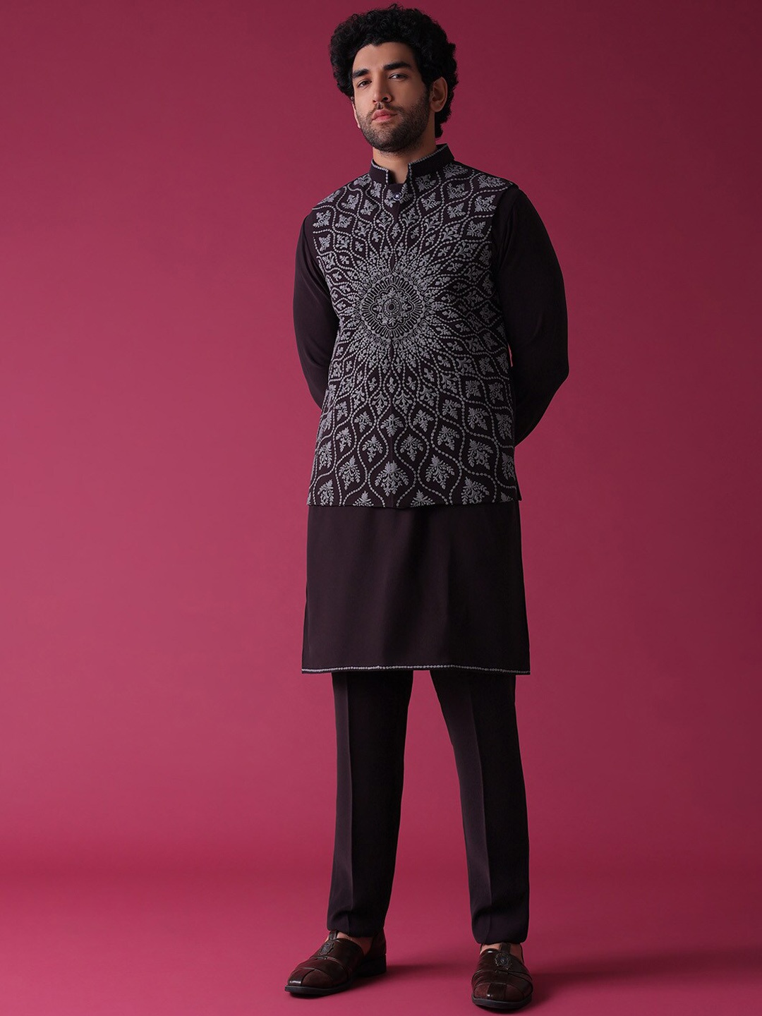 

KALKI Fashion Ethnic Motifs Printed Kurta With Churidar & Nehru Jacket, Purple