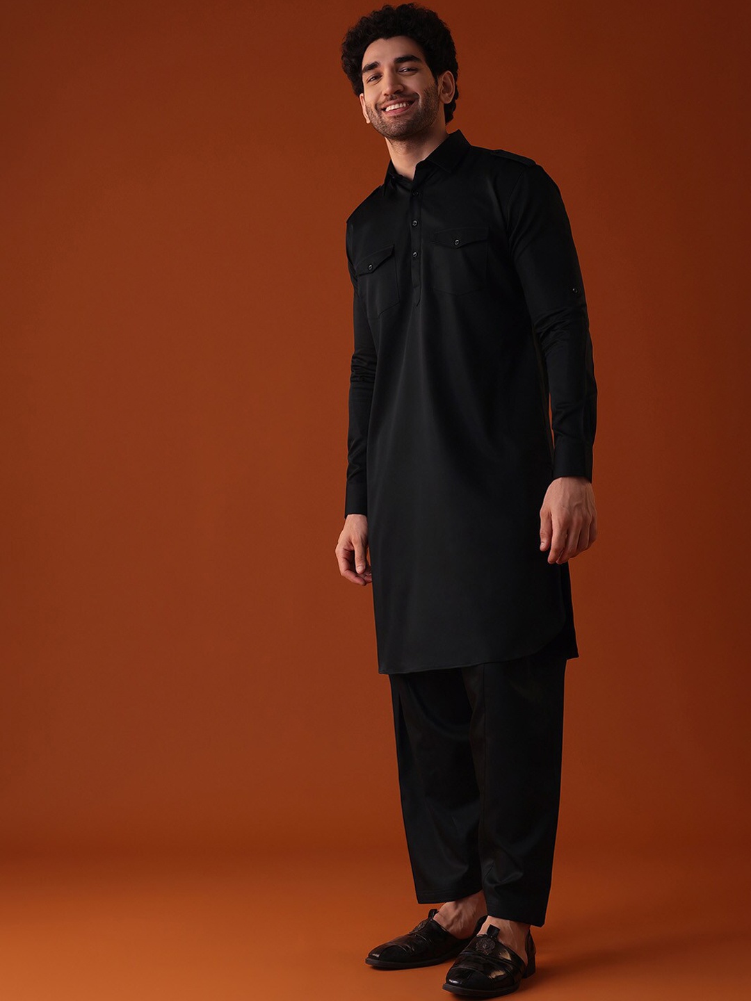 

KALKI Fashion Shirt Collar Pathani Kurta With Patiala, Black