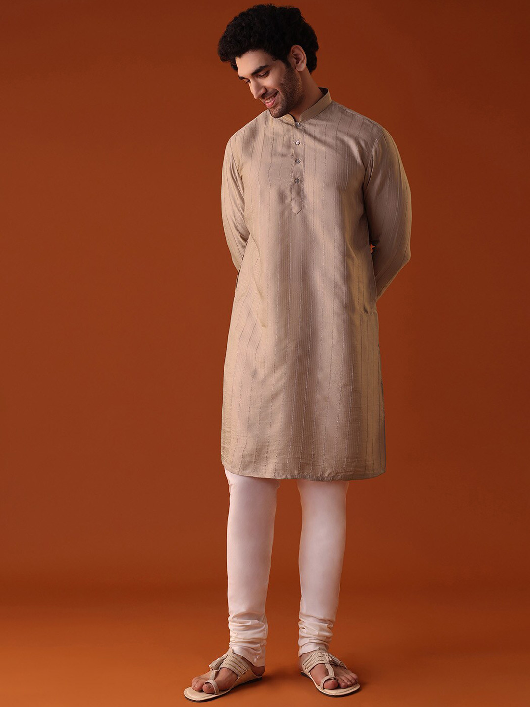 

KALKI Fashion Mandarin Collar Striped Straight Kurta with Churidar, Beige