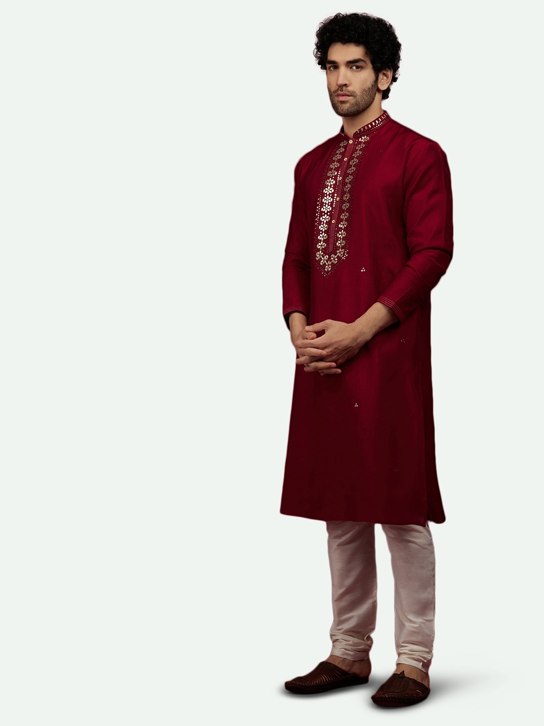 

KALKI Fashion Floral Yoke Design Regular Sequinned Kurta With Churidar, Red