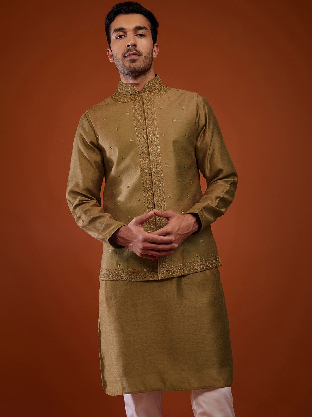 

KALKI Fashion Straight Kurta With Trousers & With Nehru Jacket, Brown