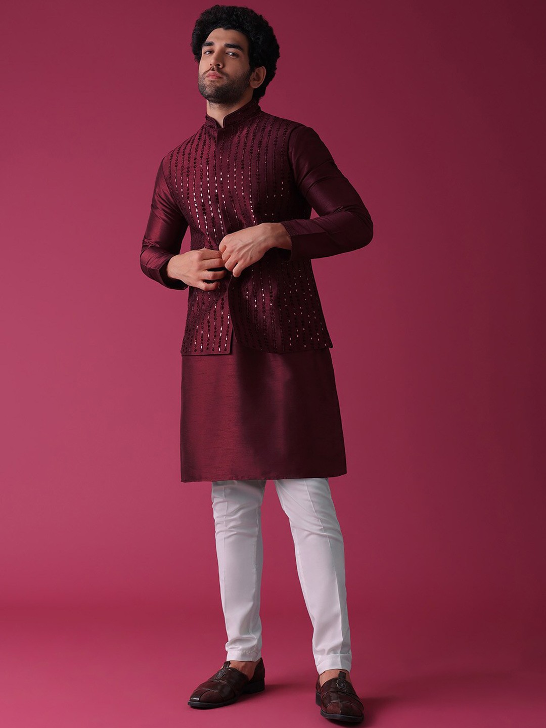 

KALKI Fashion Sequinned Kurta With Trousers & Nehru Jacket, Red