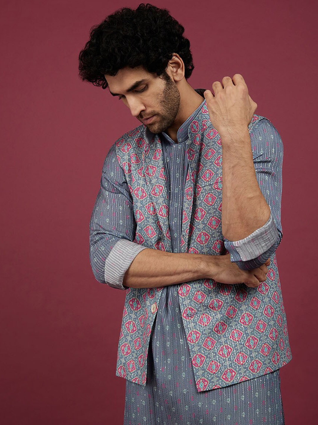 

KALKI Fashion Ethnic Motifs Printed Sequinned Kurta With Churidar & Nehru jacket, Grey