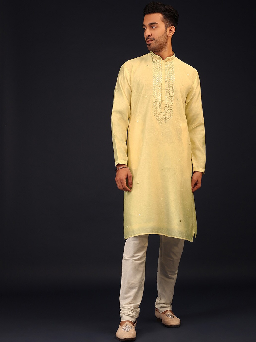 

KALKI Fashion Floral Embellished Regular Kurta With Churidar, Yellow