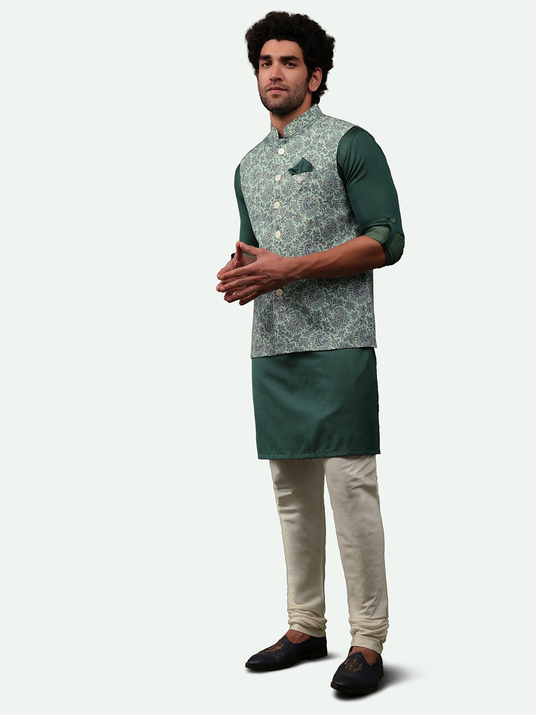 

KALKI Fashion Ethnic Motifs Printed Kurta with Churidar & Bandi Jacket Set, Green