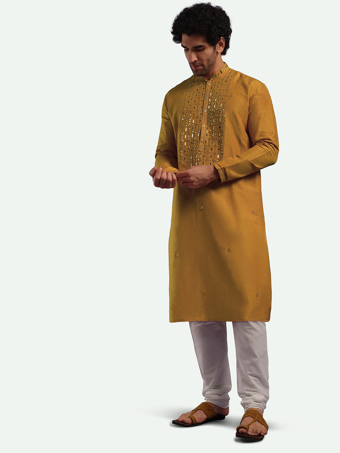 

KALKI Fashion Ethnic Motifs Yoke Design Mirror Work Kurta With Churidar, Yellow