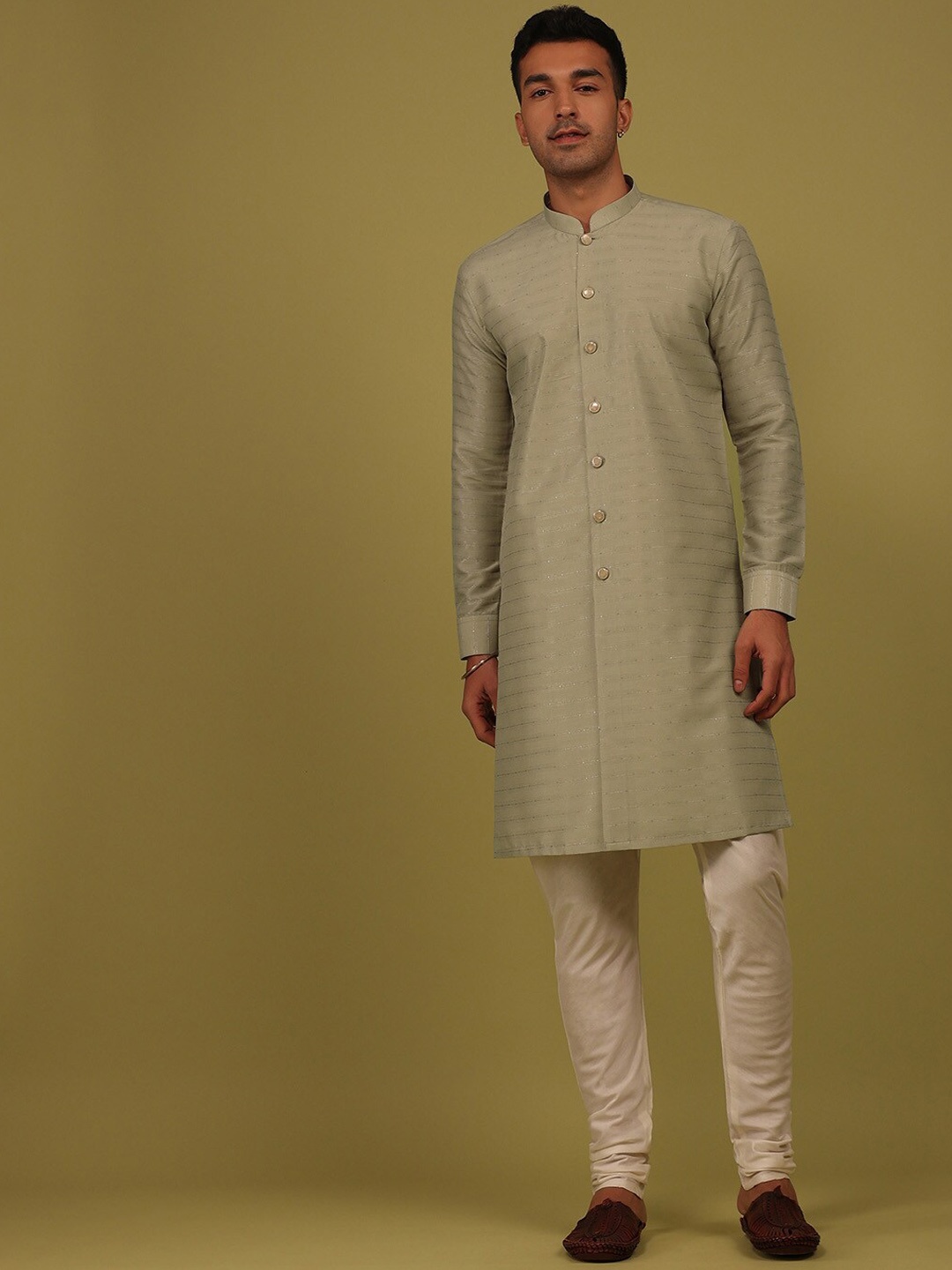 

KALKI Fashion Striped Mandarin Collar Kurta With Churidar, Green