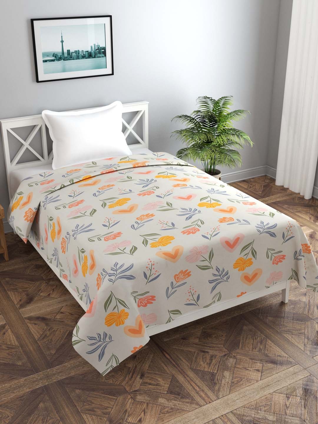 

MORADO Off White & Orange Floral Printed Single Duvet Cover