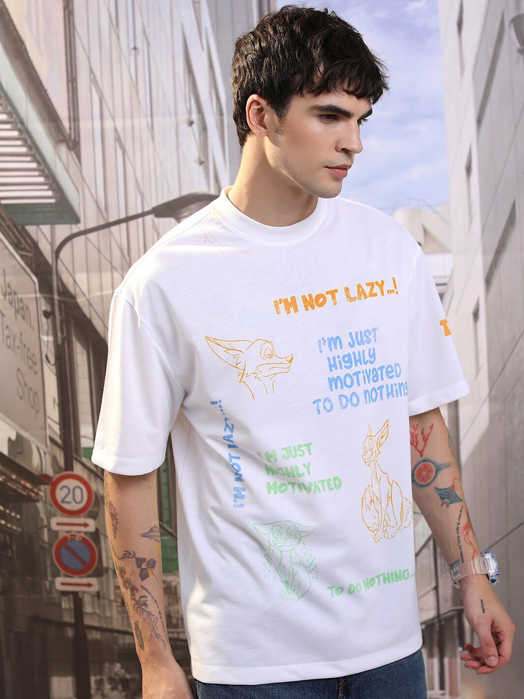 

HIGHLANDER Unisex Typography Printed Drop Shoulder Oversized T-shirt, White