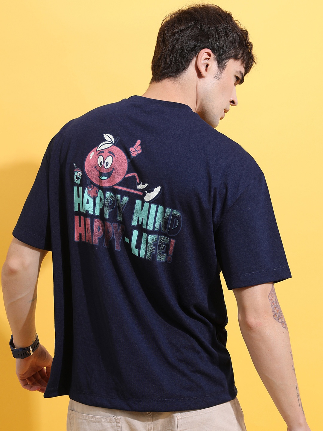 

HIGHLANDER Unisex Graphic Printed Drop-Shoulder Sleeves Oversized Tshirt, Navy blue
