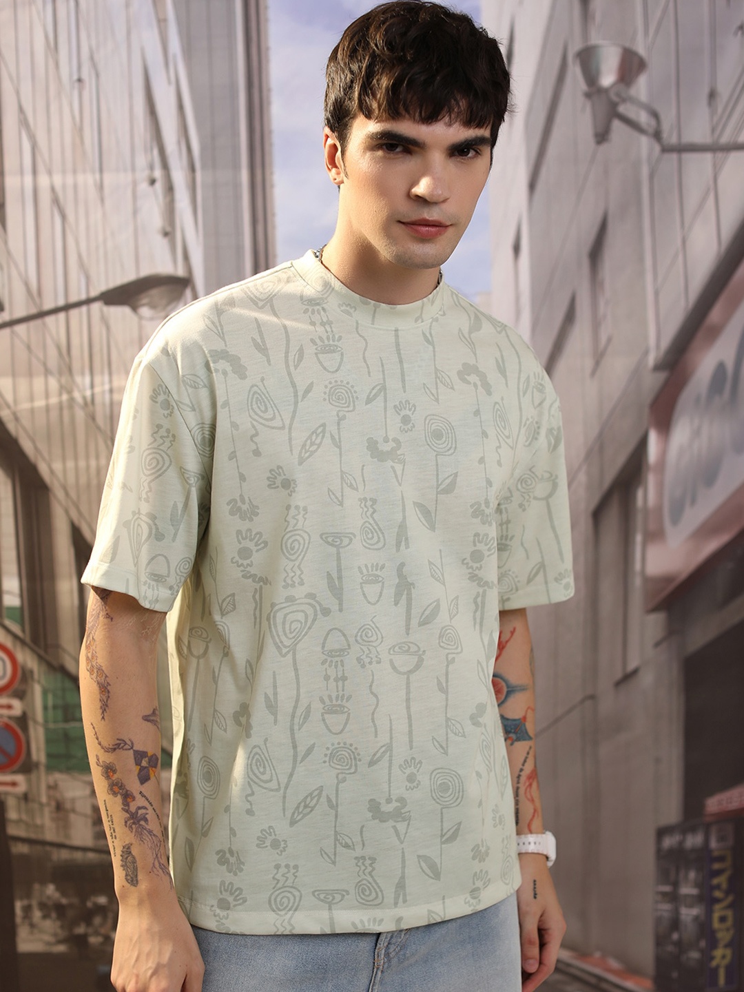 

HIGHLANDER Unisex Floral Printed Drop Shoulder Oversized T-shirt, Beige