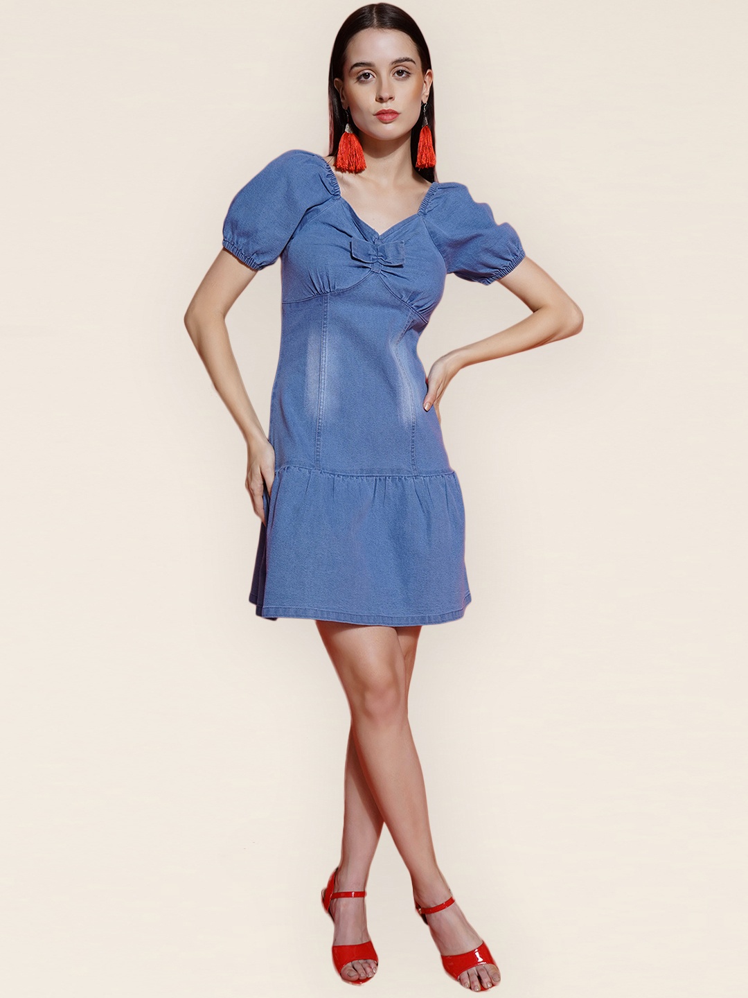 

VESTIDO MODAS Puff Sleeve A-Line Denim Dress, Blue