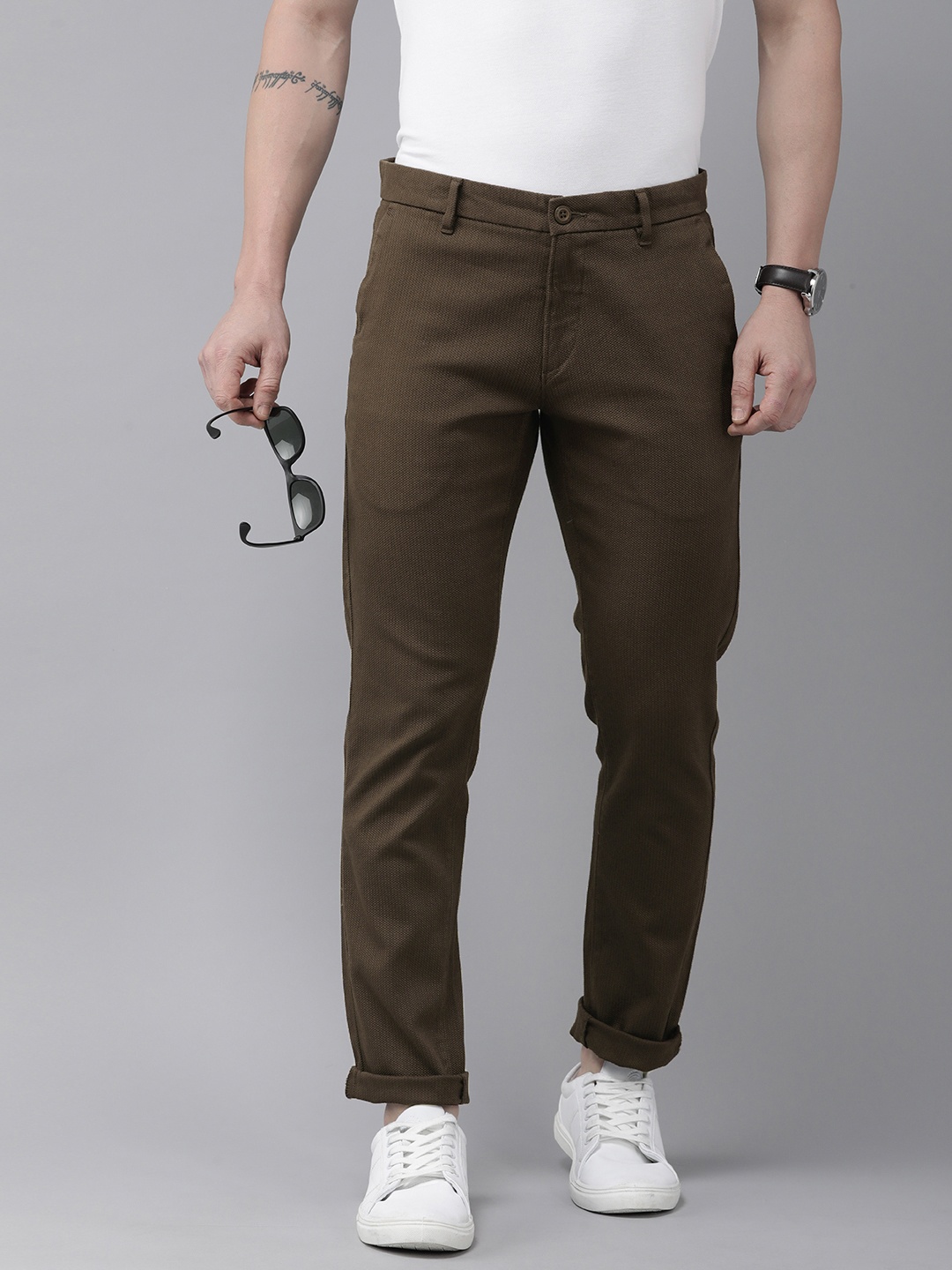 

U.S. Polo Assn. Men Textured Mid-Rise Austin Trim Fit Regular Trousers, Brown