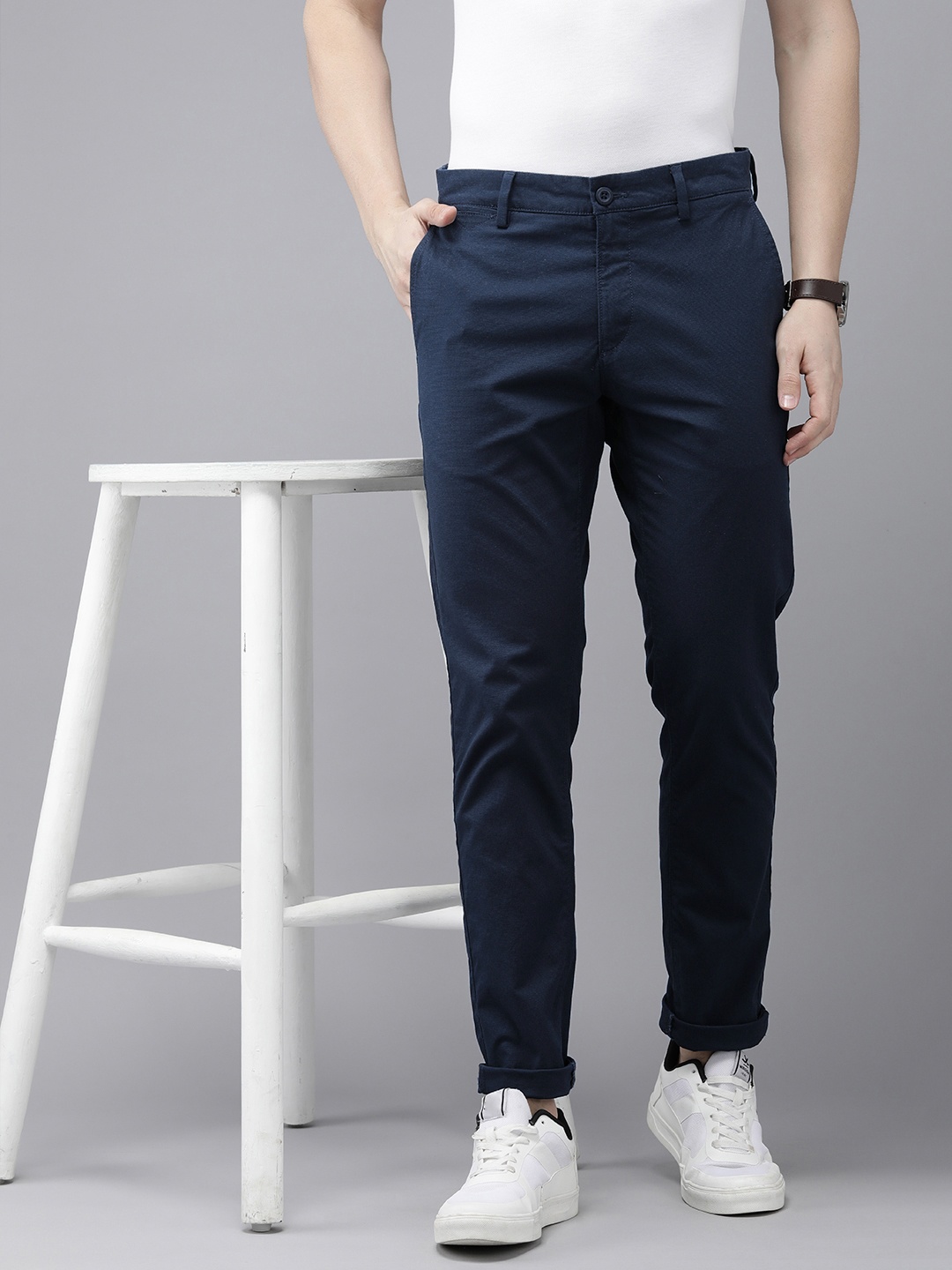 

U.S. Polo Assn. Men Self Design Textured Austin Slim Fit Chinos Trousers, Navy blue