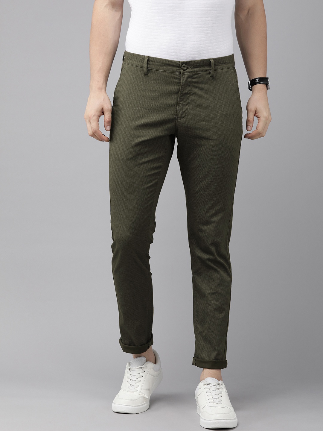

U.S. Polo Assn. Men Geometric Printed Mid-Rise Slim Fit Chinos Trousers, Olive