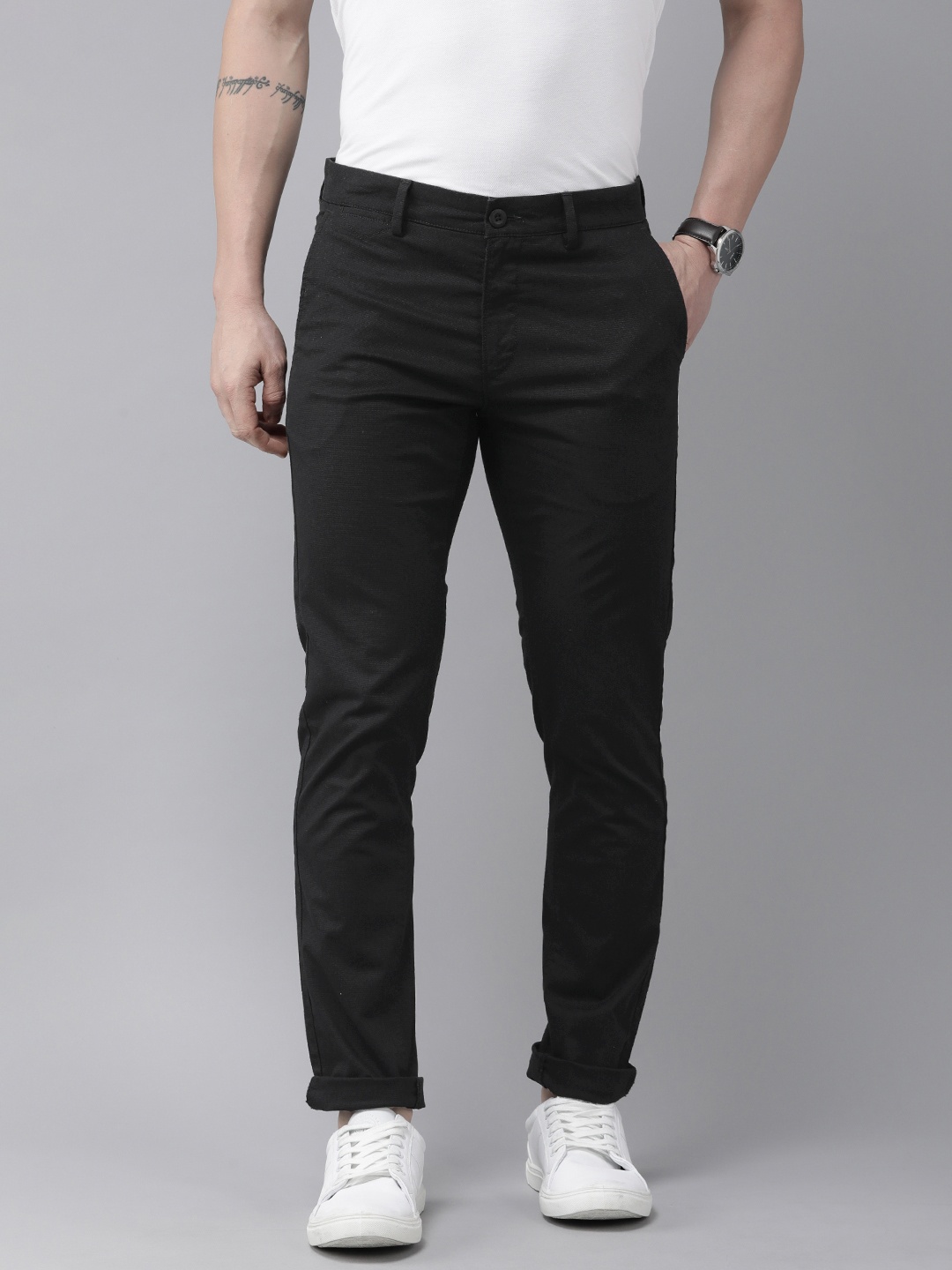 

U.S. Polo Assn. Men Solid Mid-Rise Austin Trim Fit Chinos Trousers, Black
