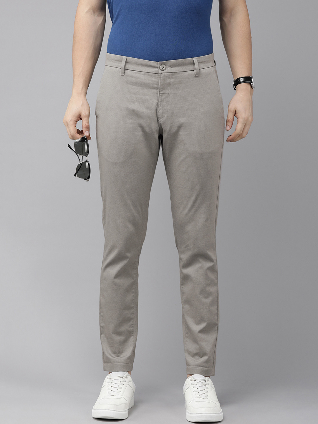 

U.S. Polo Assn. Men Mid-Rise Slim Fit Checked Chinos Trousers, Grey