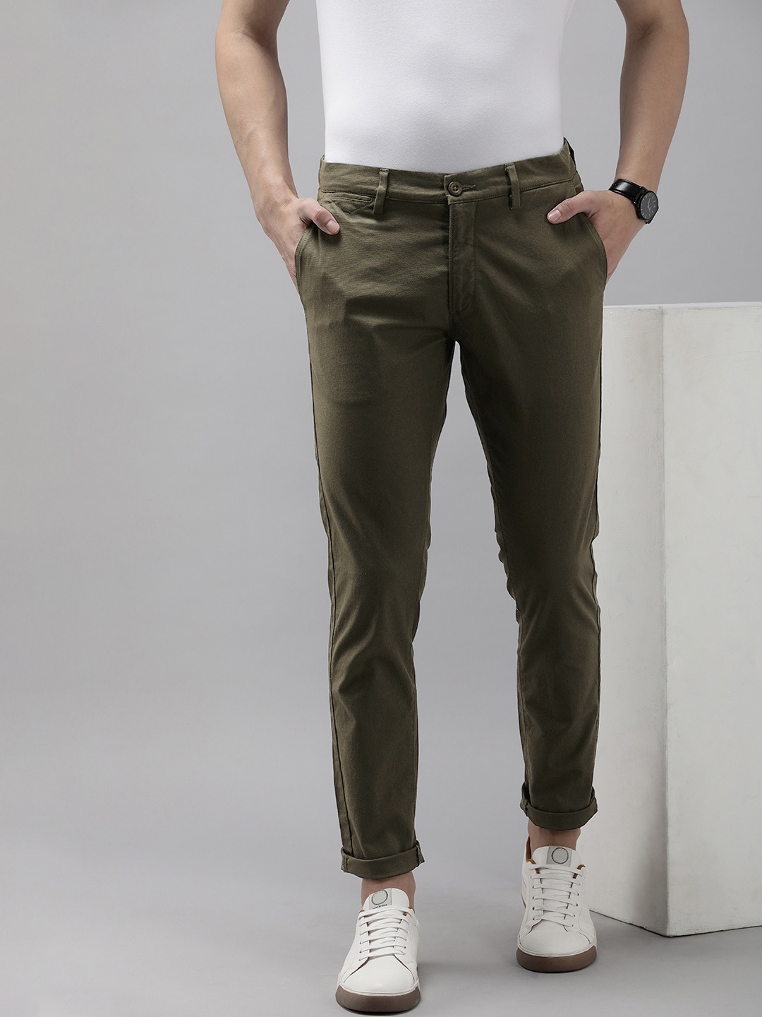 

U.S. Polo Assn. Men Solid Mid-Rise Austin Trim Fit Chinos Trouser, Olive