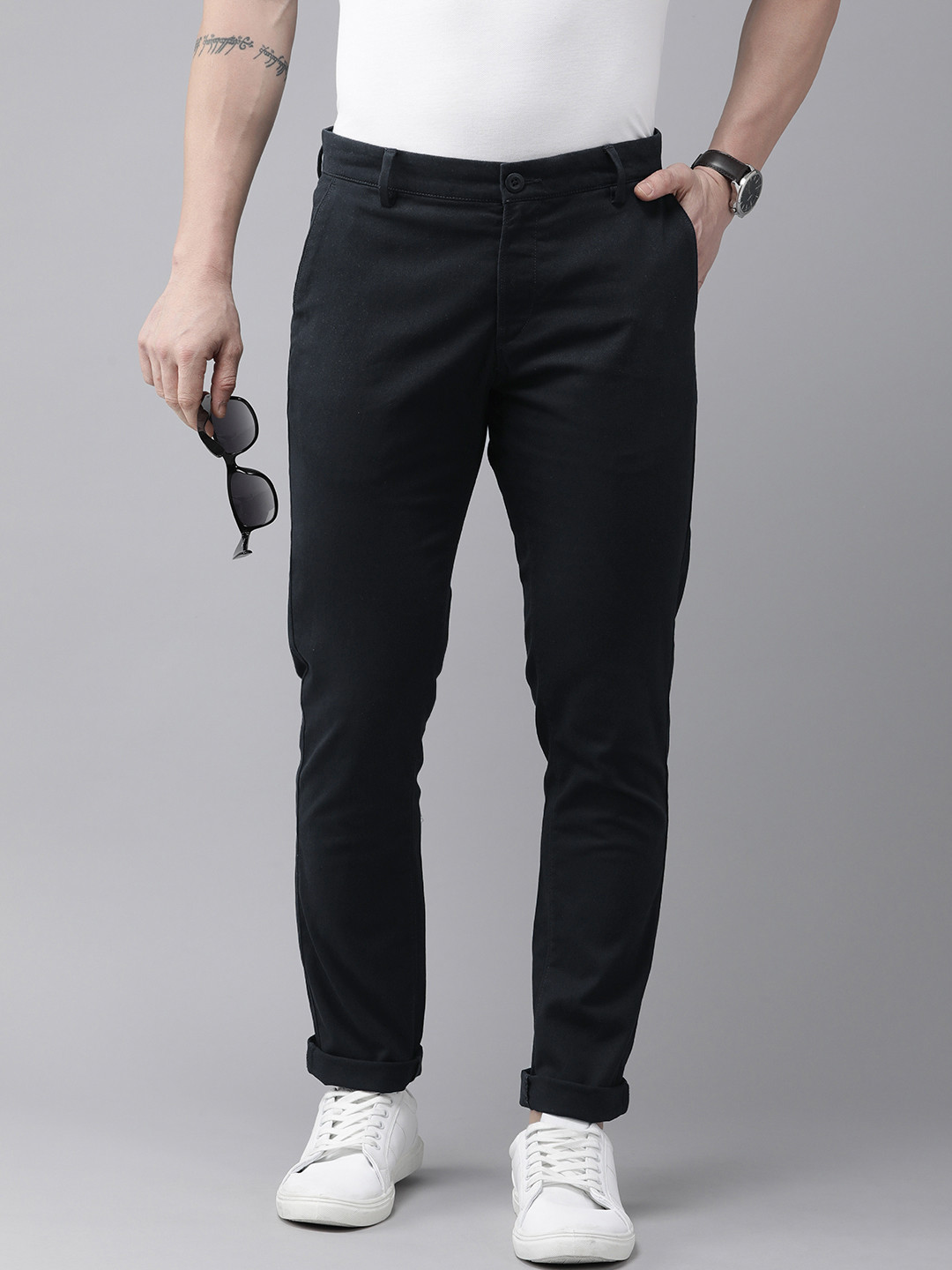 

U.S. Polo Assn. Men Solid Mid-Rise Austin Trim Fit Chinos Trousers, Navy blue