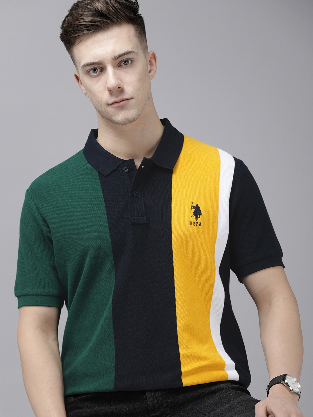 

U.S. Polo Assn. Colourblocked Polo Collar Pure Cotton Slim Fit T-shirt, Navy blue