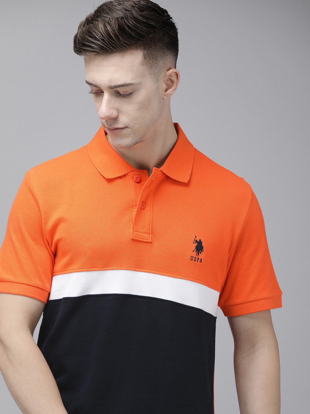 

U.S. Polo Assn. Colourblocked Polo Collar Pure Cotton Slim Fit T-shirt, Orange