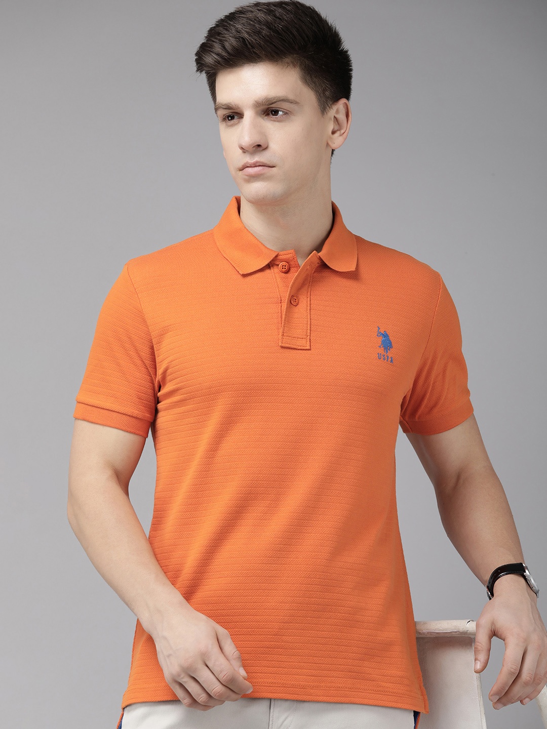 

U.S. Polo Assn. Self Striped Polo Collar Pure Cotton Slim Fit T-shirt, Orange