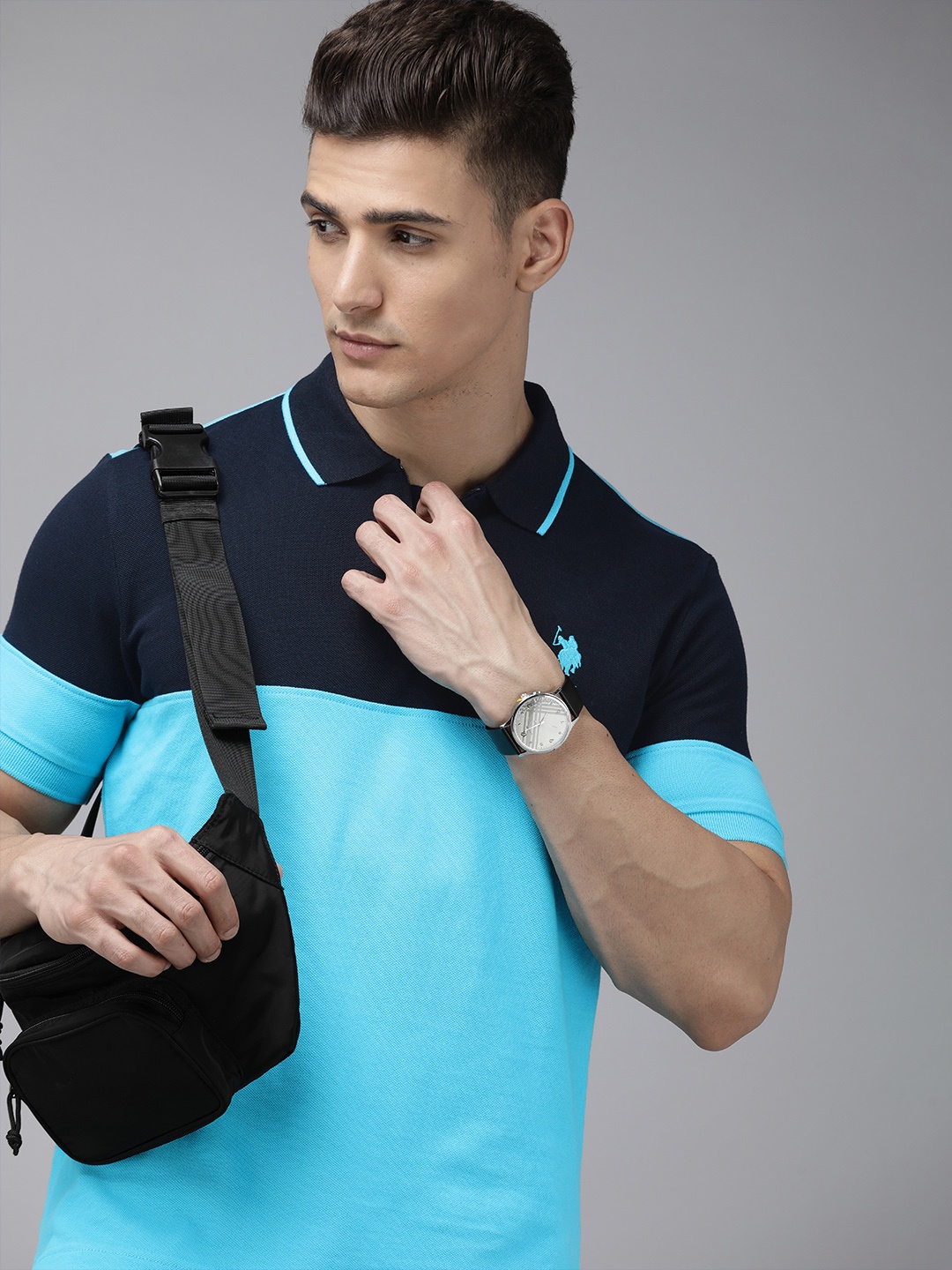 

U.S. Polo Assn. Colourblocked Polo Collar Pure Cotton Slim Fit T-shirt, Blue