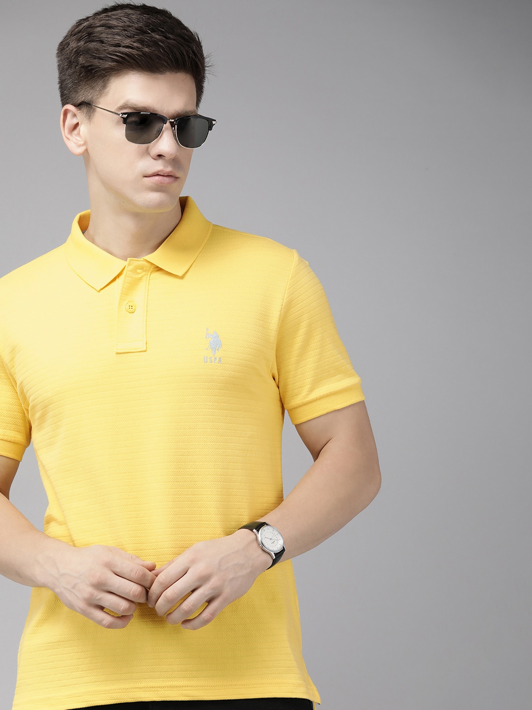 

U.S. Polo Assn. Self Striped Polo Collar Pure Cotton Slim Fit T-shirt, Yellow