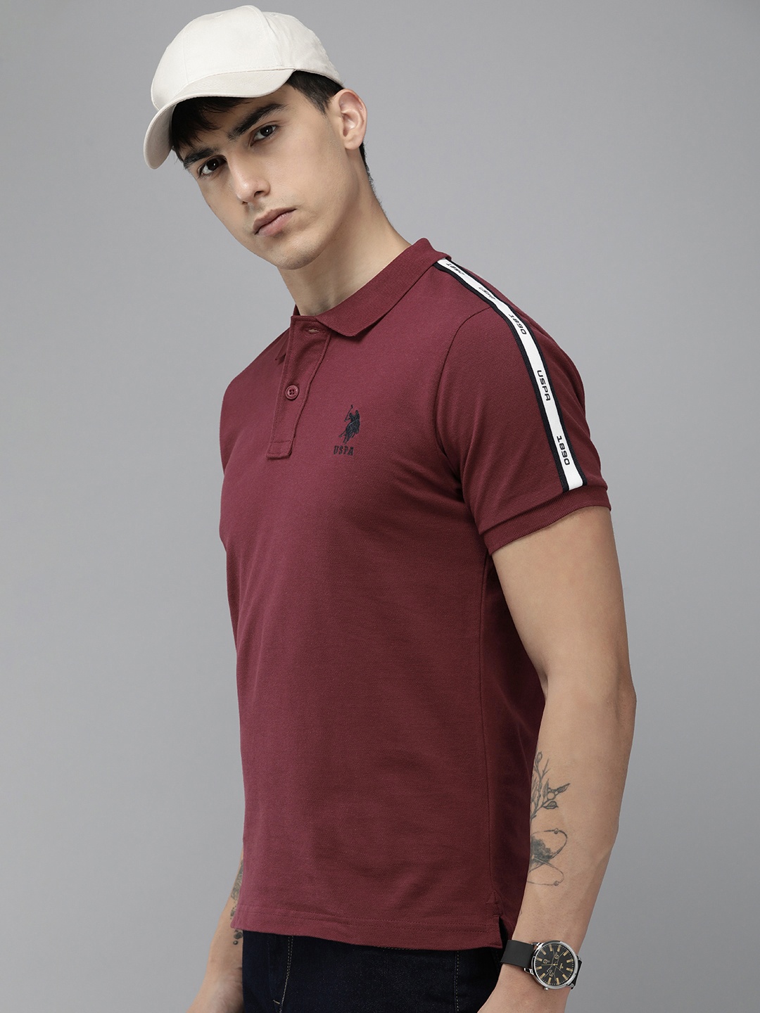 

U.S. Polo Assn. Brand Logo Embroidered Polo Collar Pure Cotton Slim Fit T-shirt, Maroon