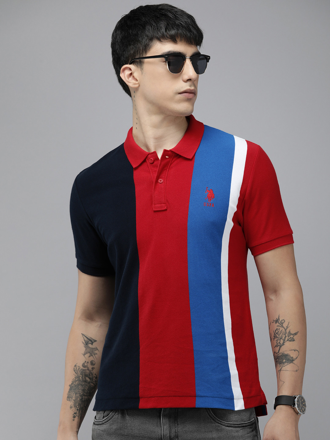 

U.S. Polo Assn. Colourblocked Polo Collar Pure Cotton Slim Fit T-shirt, Red