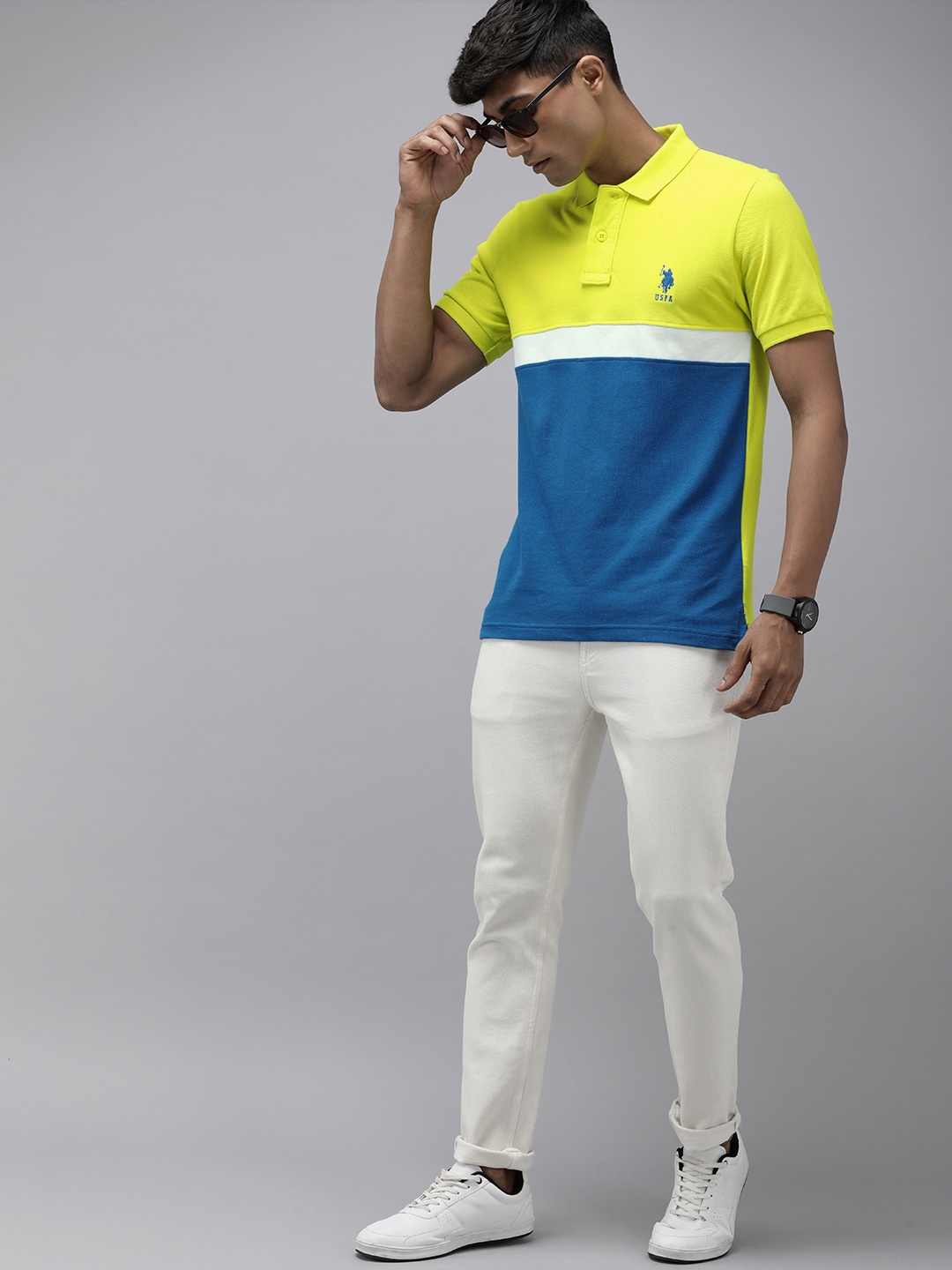 

U.S. Polo Assn. Pure Cotton Slim Fit Colourblocked Polo Collar Casual T-shirt, Green