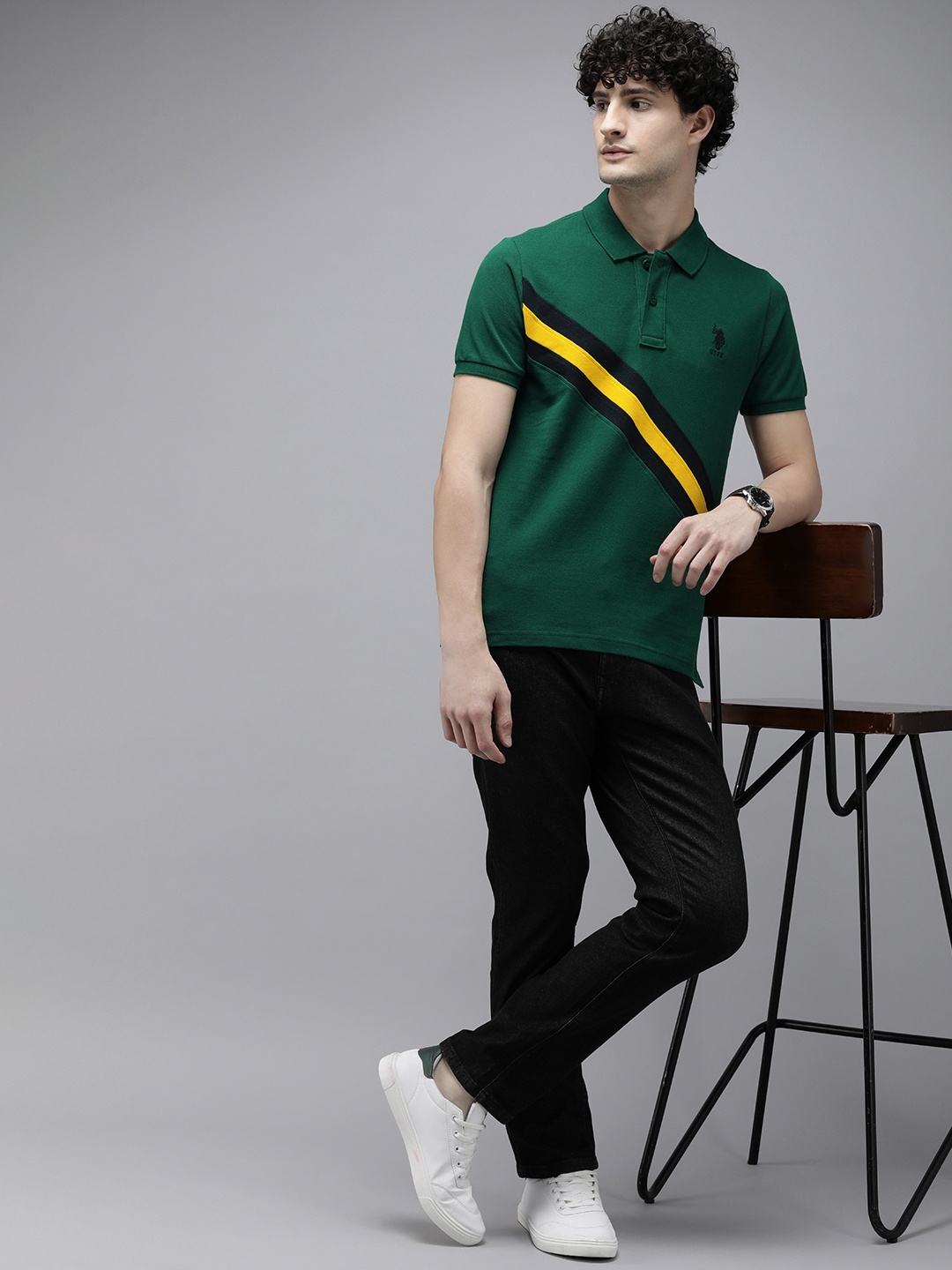 

U.S. Polo Assn. Pure Cotton Slim Fit Polo Collar Striped T-shirt, Green