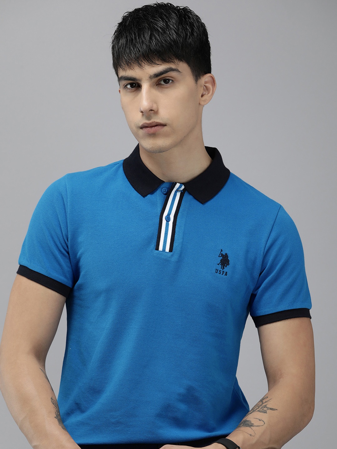 

U.S. Polo Assn. Brand Logo Embroidered Polo Collar Pure Cotton Slim Fit T-shirt, Blue