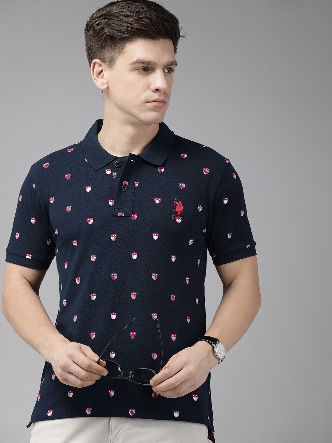 

U.S. Polo Assn. Printed Polo Collar Pure Cotton Slim Fit T-shirt, Navy blue