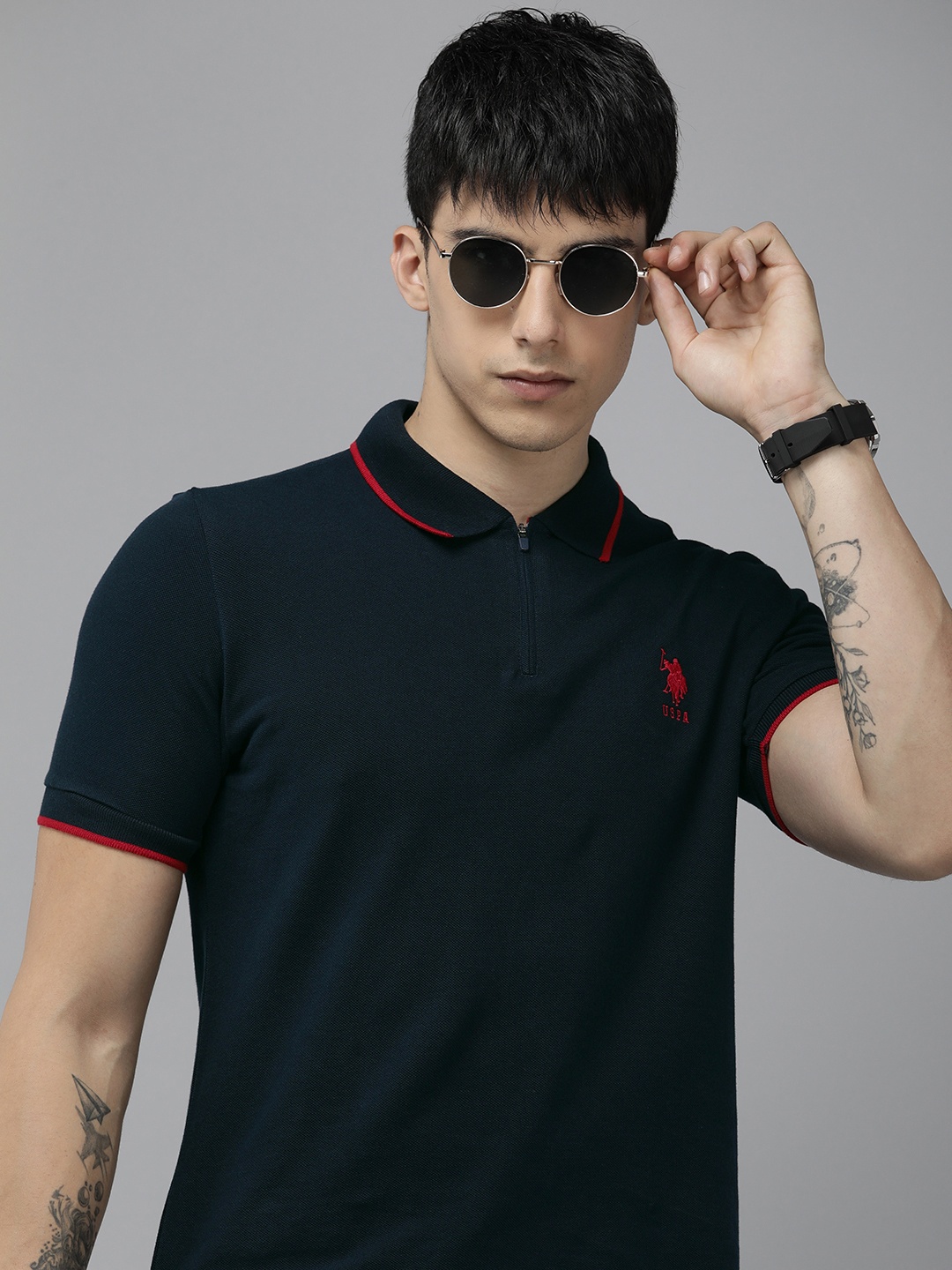 

U.S. Polo Assn. Brand Logo Embroidered Polo Collar Pure Cotton Slim Fit T-shirt, Navy blue