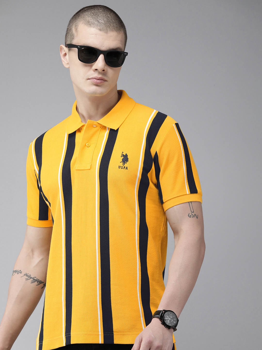 

U.S. Polo Assn. Pure Cotton Striped Polo Collar Slim Fit Casual T-shirt, Mustard