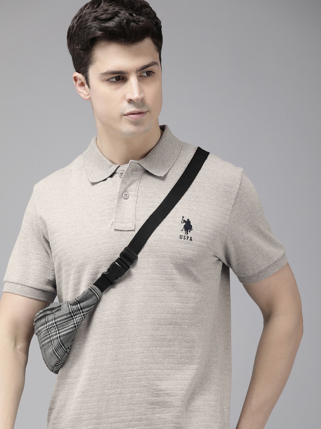 

U.S. Polo Assn. Brand Logo Embroidered Polo Collar Pure Cotton Slim Fit T-shirt, Grey