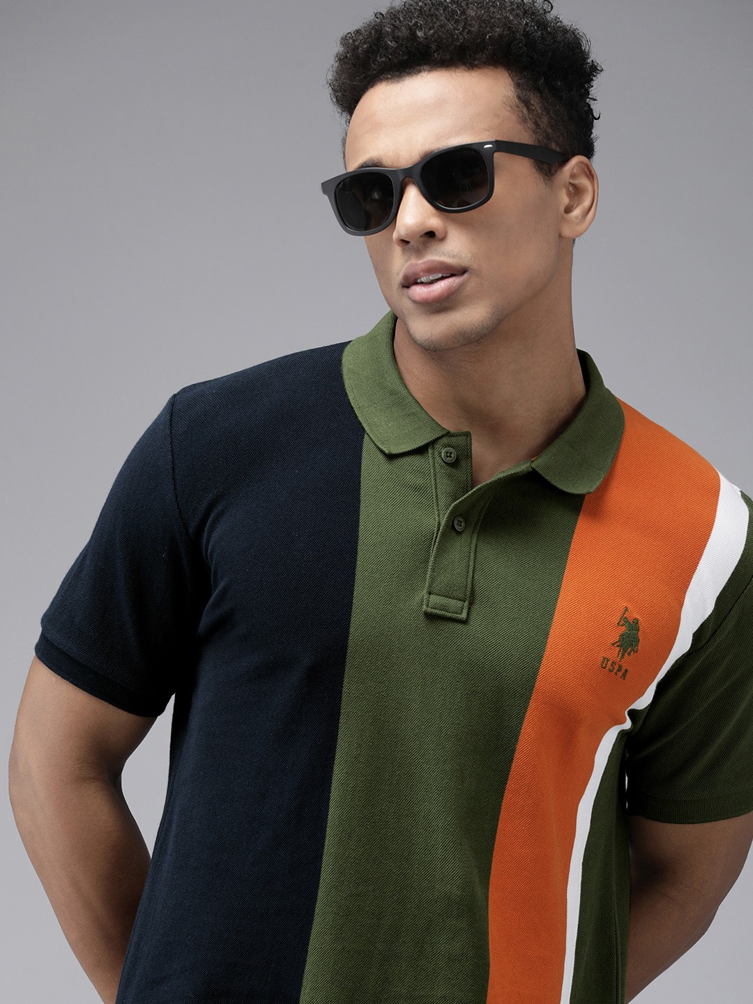 

U.S. Polo Assn. Colourblocked Polo Collar Pure Cotton Slim Fit T-shirt, Olive
