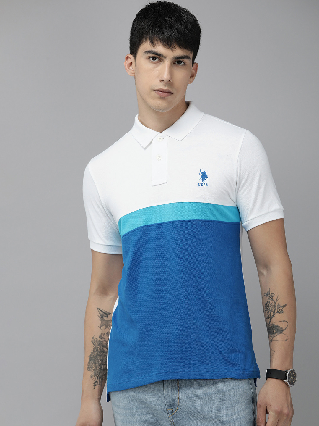 

U.S. Polo Assn. Colourblocked & Embroidered Polo Collar Pure Cotton Slim Fit T-shirt, White