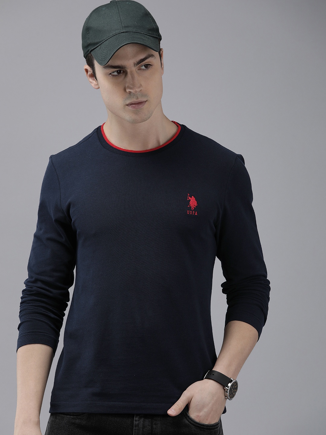 

U.S. Polo Assn. Pure Cotton Slim Fit Round Neck Casual T-shirt, Navy blue