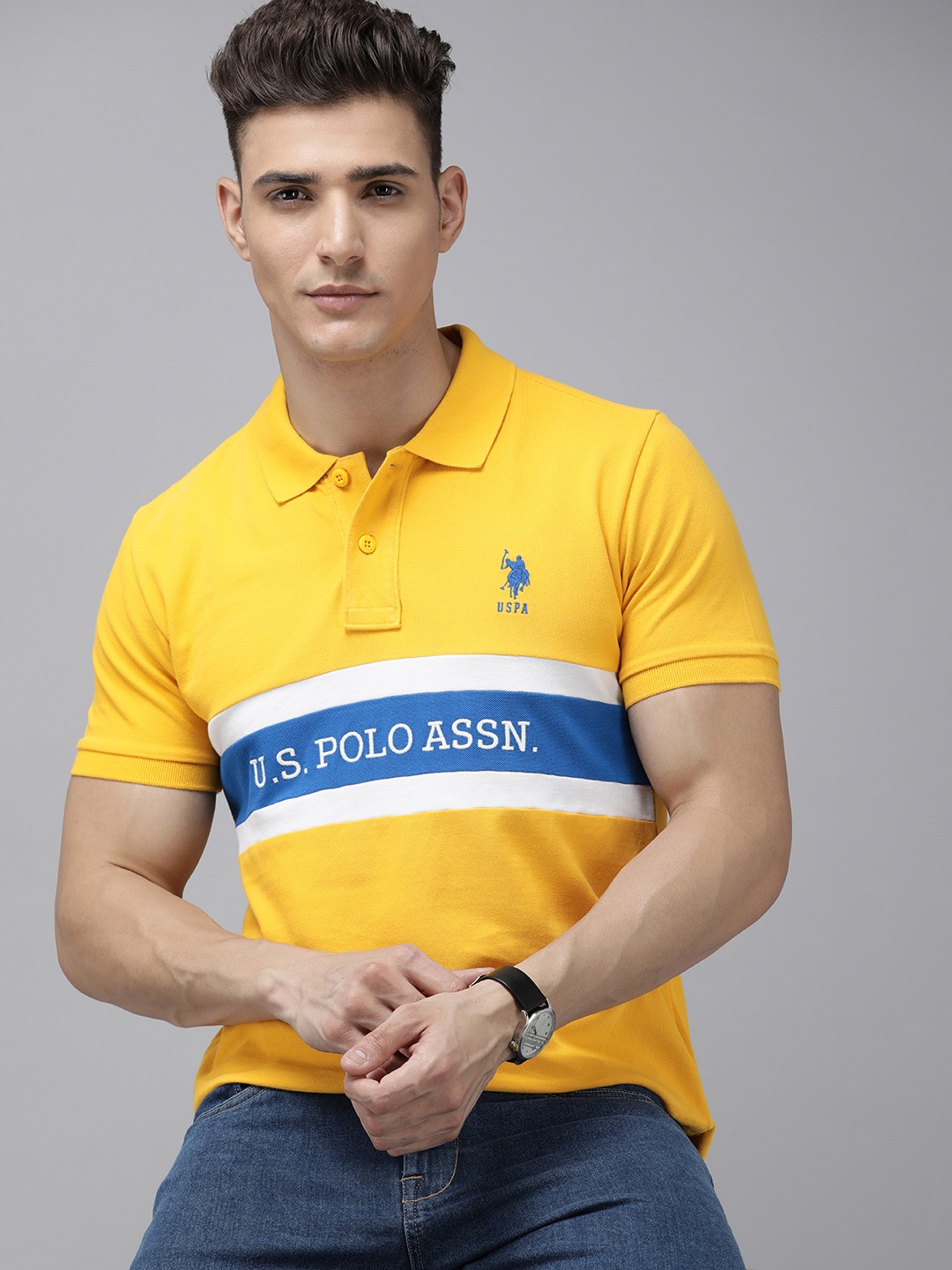 

U.S. Polo Assn. Striped Polo Collar Pure Cotton Slim Fit T-shirt, Yellow