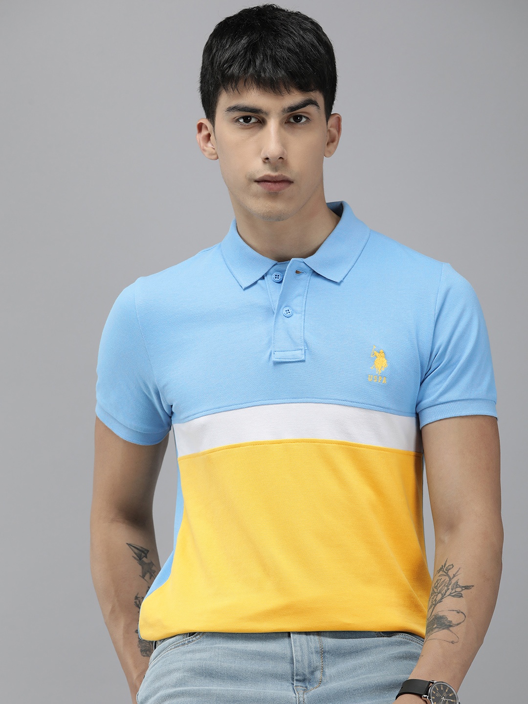 

U.S. Polo Assn. Colourblocked Polo Collar Pure Cotton Slim Fit T-shirt, Blue