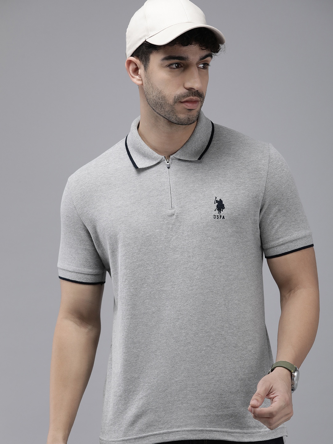 

U.S. Polo Assn. Solid Polo Collar Slim Fit Casual T-shirt, Grey
