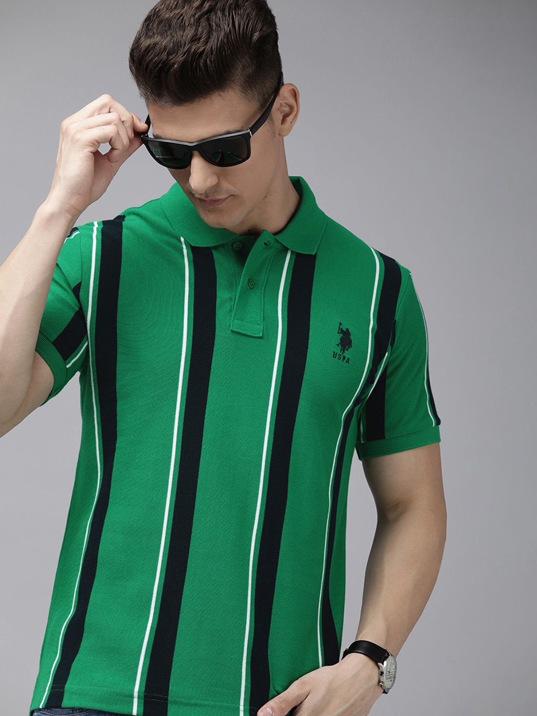 

U.S. Polo Assn. Striped Polo Collar Pure Cotton Slim Fit T-shirt, Green