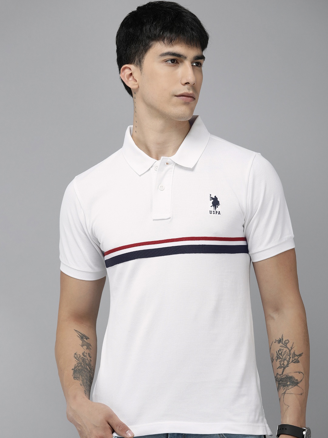 

U.S. Polo Assn. Striped Polo Collar Pure Cotton Slim Fit T-shirt, White