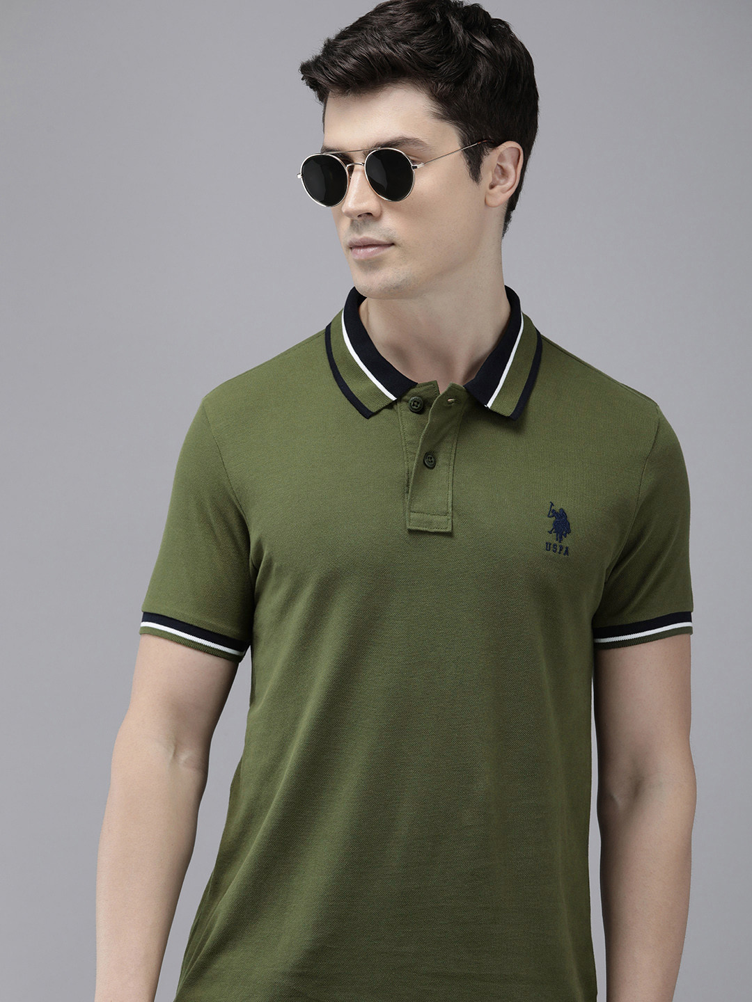 

U.S. Polo Assn. Pure Cotton Solid Polo Collar Slim Fit Casual T-shirt, Olive