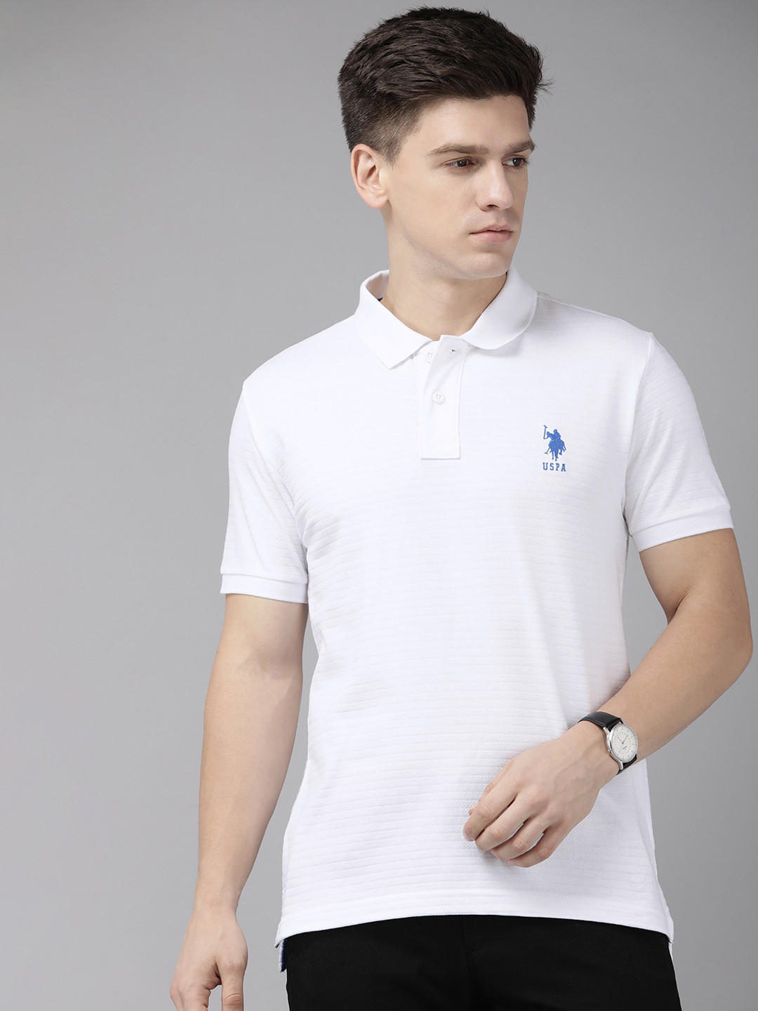 

U.S. Polo Assn. Self Striped Polo Collar Pure Cotton Slim Fit T-shirt, White