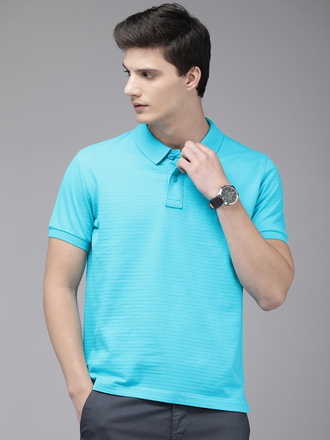 

U.S. Polo Assn. Pure Cotton Self Design Polo Collar Slim Fit Casual T-shirt, Blue