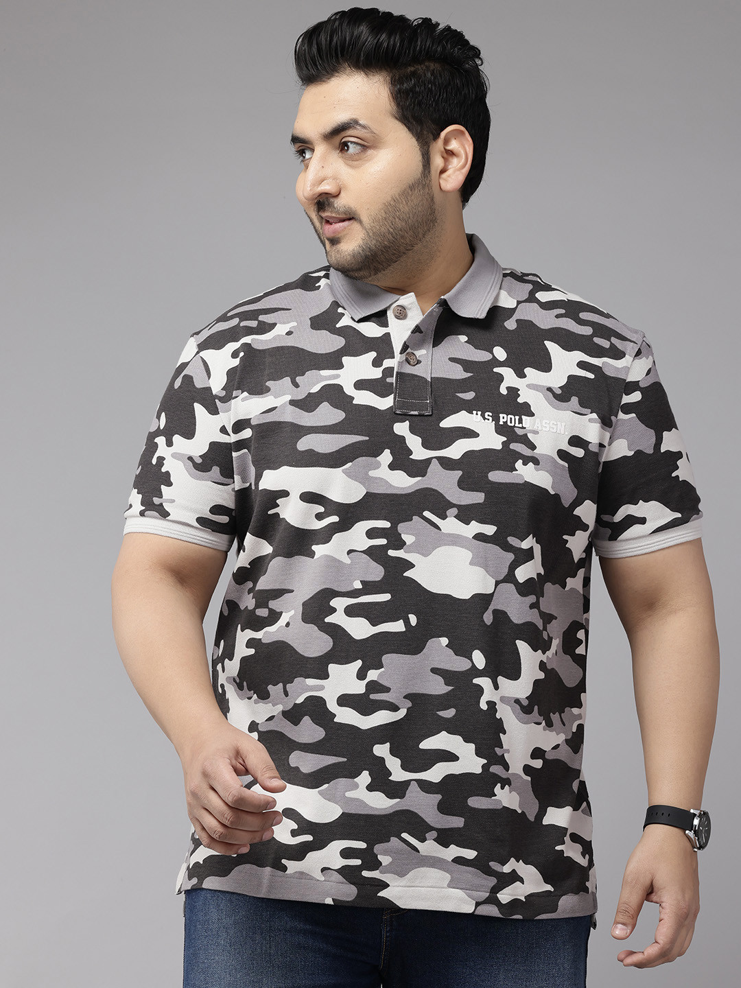 

U.S. Polo Assn. Denim Co. . Plus Size Printed Pure Cotton Polo T-shirt, Grey